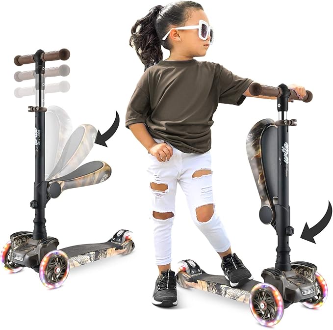 Hurtle 3-Wheeled Scooter for Kids - Wheel LED Lights, Adjustable Lean-to-Steer Handlebar, and Foldable Seat - Sit or Stand Ride with Brake for Boys and Girls Ages 1-14 Years Old-BubblyBeeBaby