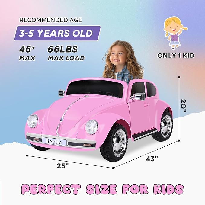 12V Kids Electric Car, Power Wheels with Remote Control, Ride on Car Toys with LED Light, 3 Speeds, Music, Pink-BubblyBeeBaby