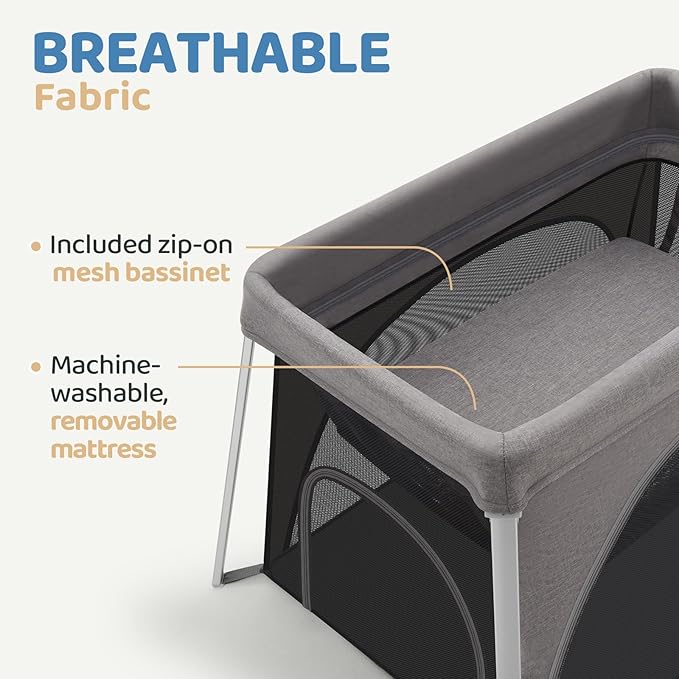 HARPPA Travel Crib with Comfy Mattress, Lightweight Portable Crib Requires No Assembly, Foldable Pack and Play for Baby and Toddlers, Compact Play Yard with Bed,Gray-BubblyBeeBaby