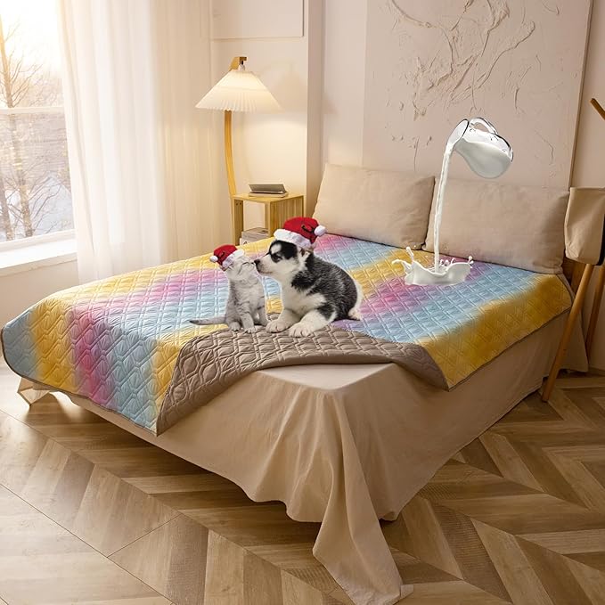 100% Waterproof Dog Bed Cover 120x82 inch Reversible Changing Pad Reusable Camping Mat for Kids/Pet/Dog/Cat Washable Geometric Embroidery Blanket Patchwork Rainbow Ombre Printed+Gray-BubblyBeeBaby