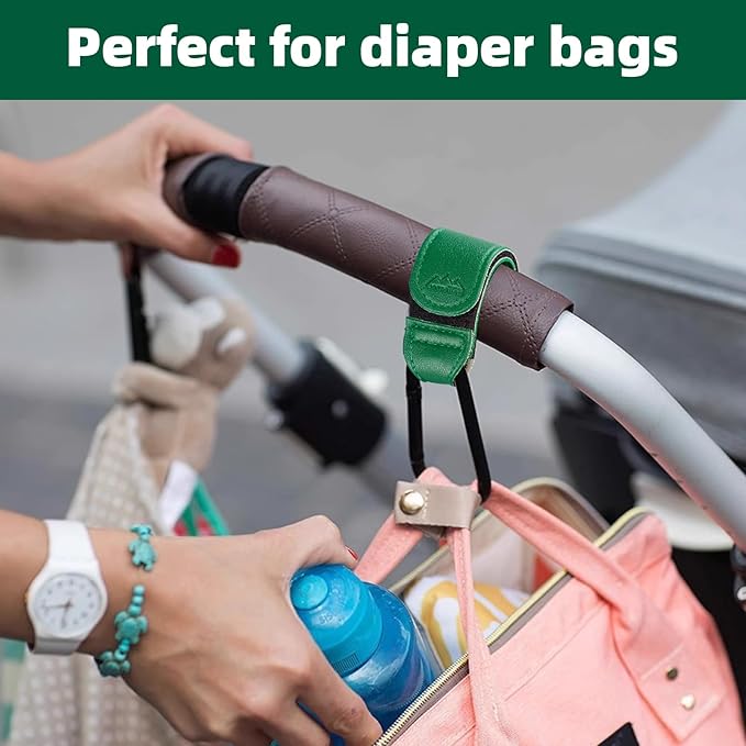 Baby Stroller Hooks Bag Hooks for Hanging Diaper Bags Multipurpose Hooks for Grocery Shopping Bags Premium Vegan Leather Pram Straps 2 Pcs (Green)-BubblyBeeBaby