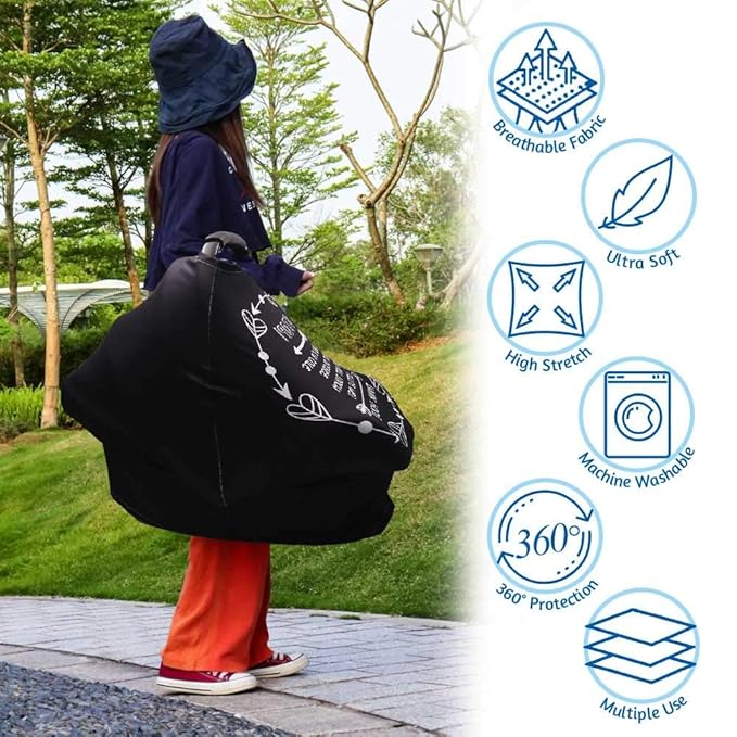 Car Seat Covers for Babies, No Touching Sign Car seat Canopy, Infant Stroller Covers for Newborn Girl Boy, Multiuse Nursing Covers for Breastfeeding, Ultra-Soft Breathable, High Chair Cover, Black-BubblyBeeBaby