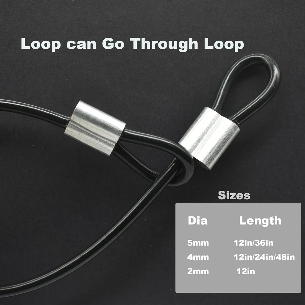 5 Pcs 4mm Wire 48 inch Vinyl Coated Stainless Steel Cable with Loops Short Wire Rope Lanyard Lock Security Chain Link for Outdoor Gates, Black(4mm x 48inch)