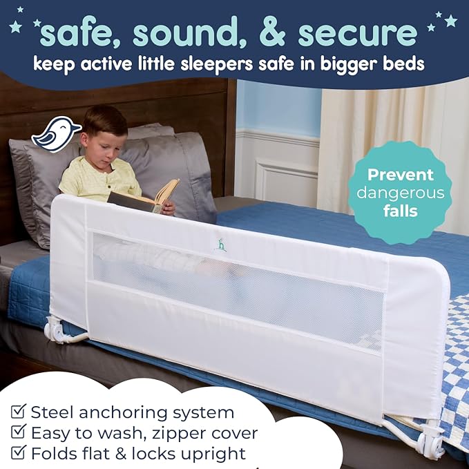 hiccapop 57" x 19" Extra Long Bed Rail for Toddlers, Heavy Duty Swing Down Bed Rail Guard with Soft Mesh Cover Safely Fits Twin, Full, Queen Beds-BubblyBeeBaby