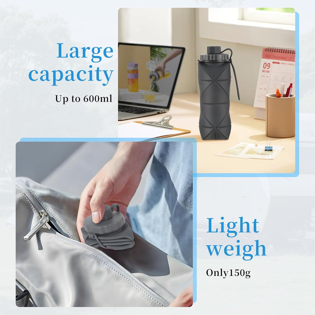 YCT Collapsible Silicone Travel Water Bottle 20oz (600ml), Reuseable Leakproof BPA Free Foldable Sports Bottle, with Carrying Strap, Dark Blue + Pink