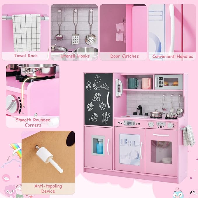 HONEY JOY Pink Kids Kitchen Playset, Wooden Little Chef Pretend Toy Kitchen Set w/Chalkboard, Telephone, Utensils, Oven, Microwave, Sink, Play Kitchen for Toddlers, Gift for Boys Girls, Pink-BubblyBeeBaby