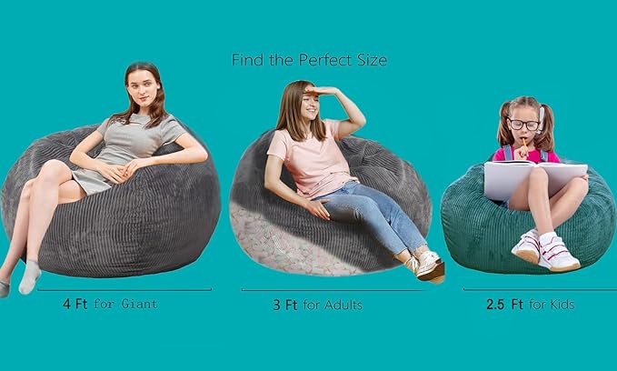 2 Pcs Classic Bean Bag Chair, with Faux Rabbit Fur Cover for Teens and Kids, Memory Foam Bean Bag Chairs, Ultra Soft Faux Fur Fabric, 2.5 feet Round Fluffy Bean Bag Sofa-BubblyBeeBaby