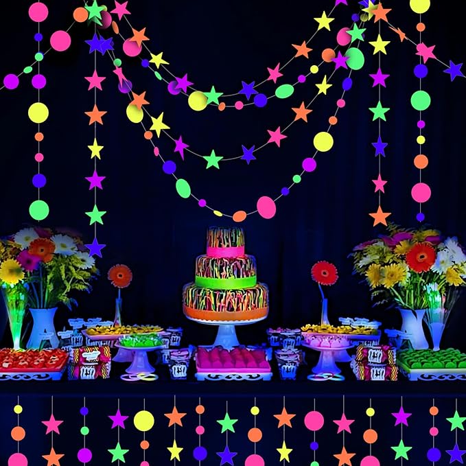108feet UV Round Dot Star Kit Neon Paper Garland Glow in The Dark Party Favors Streamers Banner for Black Party Supplies UV Reactive Circle Dot Star Garland Wedding Birthday Glow Party Supplies…-BubblyBeeBaby