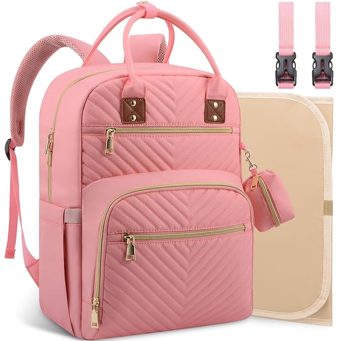 Baby Diaper Bag Backpack, Travel Diaper Bags for Baby Girl Boy Large Capacity Baby Bag Backpack for Women Light Pink-BubblyBeeBaby