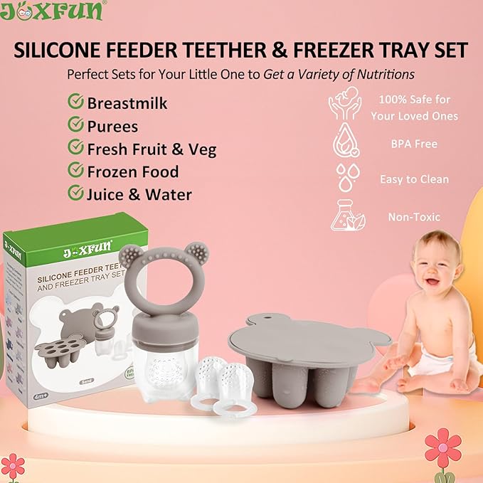 JEXFUN Silicone Baby Fruit Food Feeder Pacifier & Breastmilk Popsicle Freezer Molds, Double as Baby Teething Toys, Freezable Feeding Set for Breast Milk Ice Cubes, Food, Vegetable Purees - (Sand)-BubblyBeeBaby