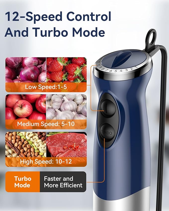 Immersion Blender Handheld 1000W 5 in 1 Corded Stick Hand Blender Kitchen with 12 Speed, BPA-Free, Mixing Beaker, Chopper, Whisk, Milk Frother, Perfect Emulsifier for Soup, Baby Food, Sauce, Puree-BubblyBeeBaby