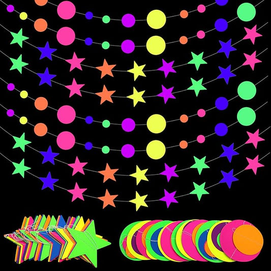 108feet UV Round Dot Star Kit Neon Paper Garland Glow in The Dark Party Favors Streamers Banner for Black Party Supplies UV Reactive Circle Dot Star Garland Wedding Birthday Glow Party Supplies…-BubblyBeeBaby