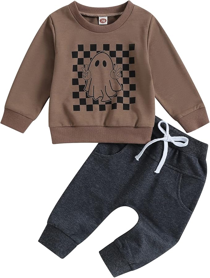 0-4T Toddler Boy Girl Halloween Outfit Fall Clothes Ghost Long Sleeve Sweatshirt Top Pants Baby Halloween Clothes-BubblyBeeBaby