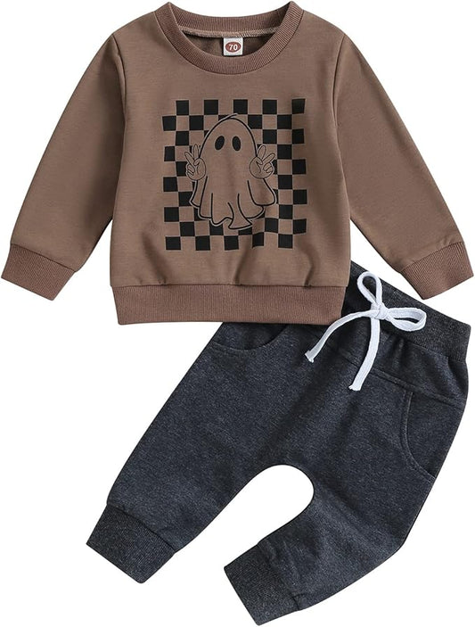 0-4T Toddler Boy Girl Halloween Outfit Fall Clothes Ghost Long Sleeve Sweatshirt Top Pants Baby Halloween Clothes-BubblyBeeBaby