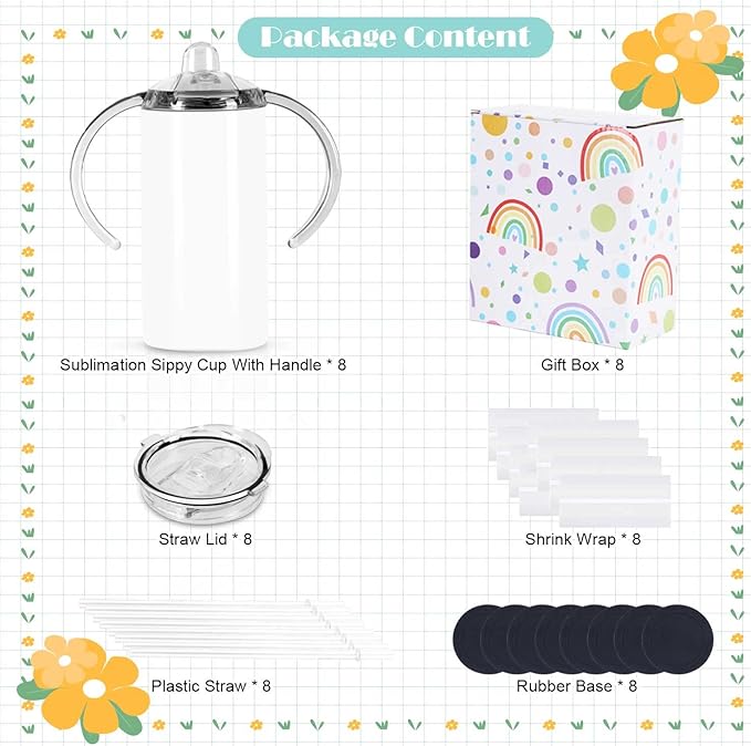 12 Oz Sippy Cup Tumblers 8 Pack With Handle, Straight Sublimation Blanks Kids Tumbler, Stainless Steel Sublimation Todder Water Bottle-BubblyBeeBaby