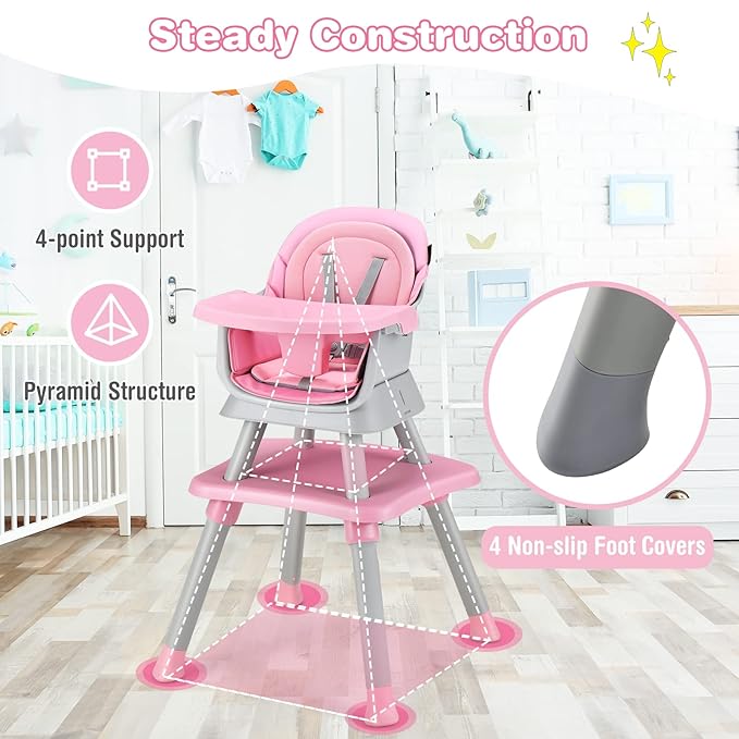 HONEY JOY 8 in 1 Baby High Chair, Convertible Highchair for Babies and Toddlers/Table and Chair Set/Building Block Table/Booster Seat/Stool/Toddler Chair with Safety Harness (Pink)-BubblyBeeBaby