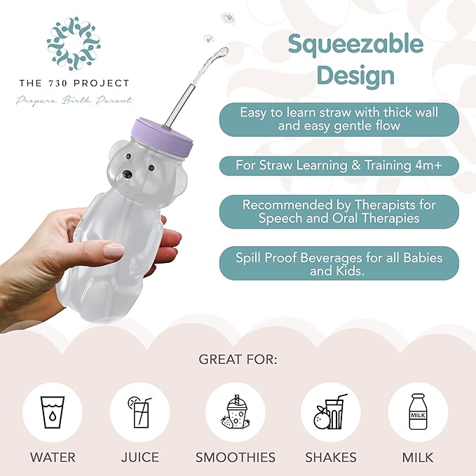 Honey Bear Straw Cup for Babies, 8oz Honey BearCup with Bottle Brush, 2-Pack Improved Lid Therapy Learning Honeybear Straw Cup for Baby, Cherry Blossom & Unicorn-BubblyBeeBaby