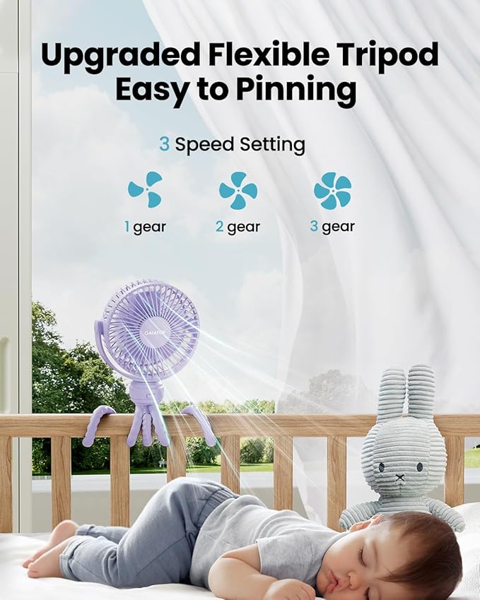 Gaiatop Mini Electric Fan with 360 Rotation, 5.5mm Gaps, Rechargeable Battery, 3 Speeds, Purple-BubblyBeeBaby