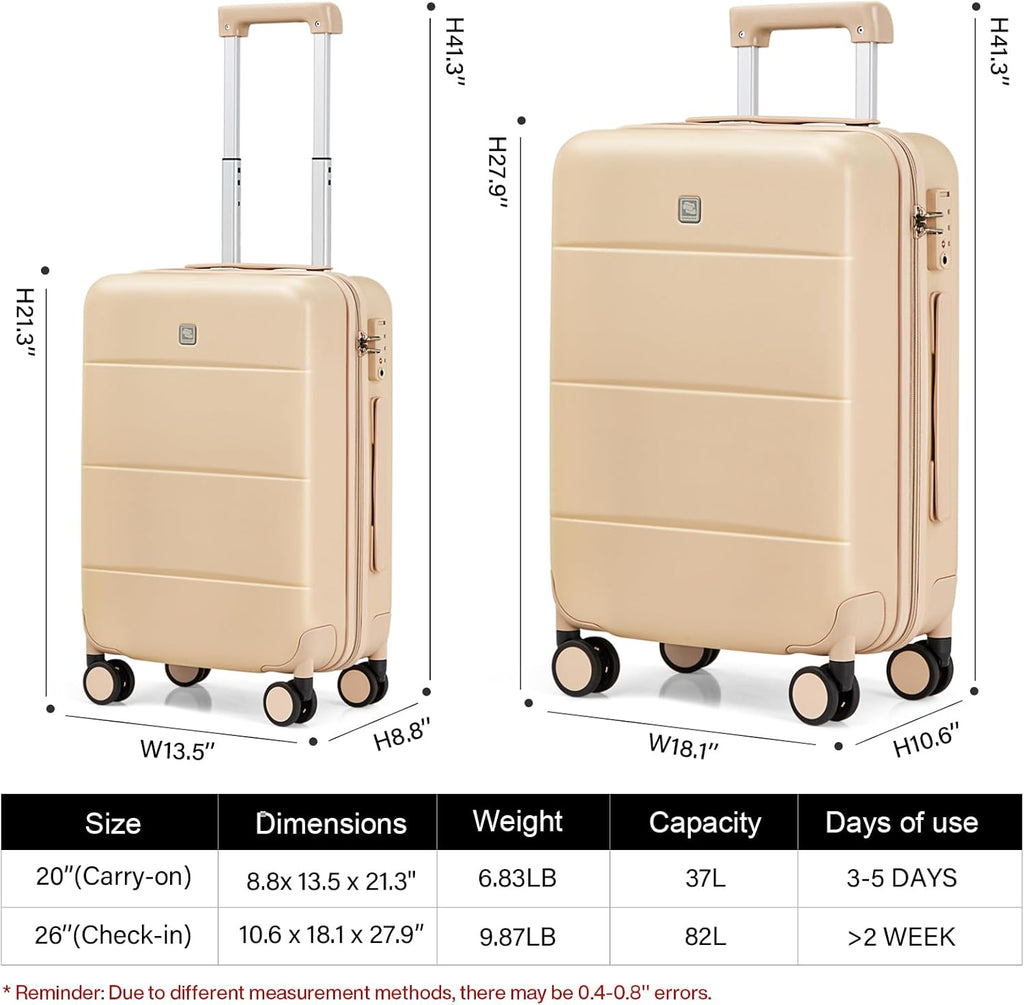 Hanke Hard Shell Luggage Sets 2 piece Large Suitcase Tsa Luggage Hard Shell Suitcases Checked Luggage With Spinner Wheels 20/26 inch(Cuba Sand)