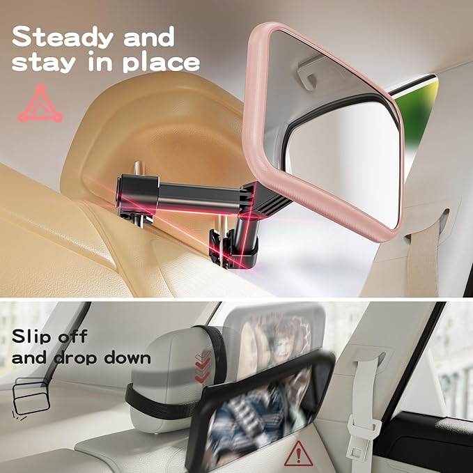 Car Mirror for Baby - Hook Clip Design, Never Shake Car Seat Mirror, Rear Facing, Easy Install, Back Seat Crystal Clear View, ShatterProof Tested - Pink-BubblyBeeBaby