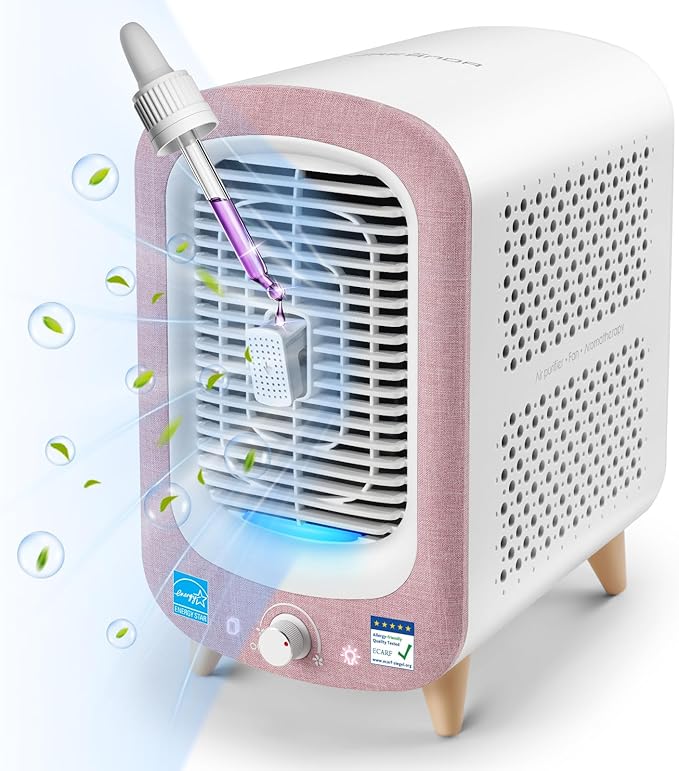 Jafanda Air Purifier for Home Bedroom 780sq ft, HEPA & Activated Carbon, Air Cleaner with Fragrance Sponge & Nightlight for Smoke, Allergies, Dust, Odor, VOC, Pet Dander, Pollen, Office, Desktop, Pink-BubblyBeeBaby