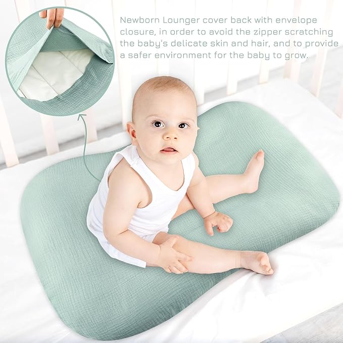 Hooyax Muslin Baby Lounger Cover, 100% Cotton Durable Newborn Lounger Cover, Soft and Breathable Infant Lounger Cover for Boys Girls, Covers Only (Blue-Green)-BubblyBeeBaby