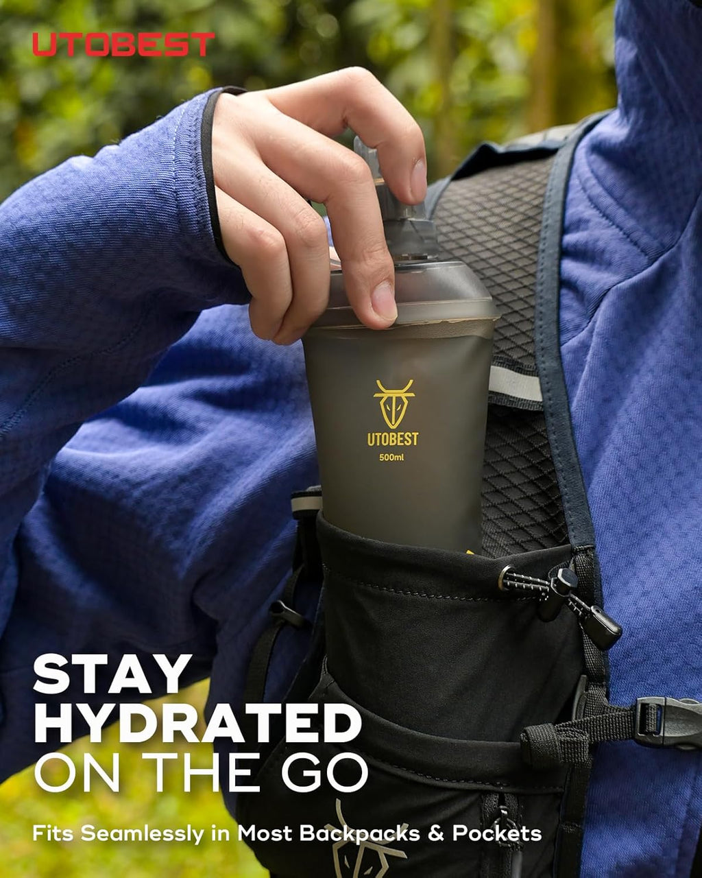 UTOBEST 500ml Soft Flask, 2 Pack Flexible TPU Hydration Water Bottle, Collapsible with 28mm Caliber for Running, Hiking, Cycling, Climbing, and Marathon Yellow