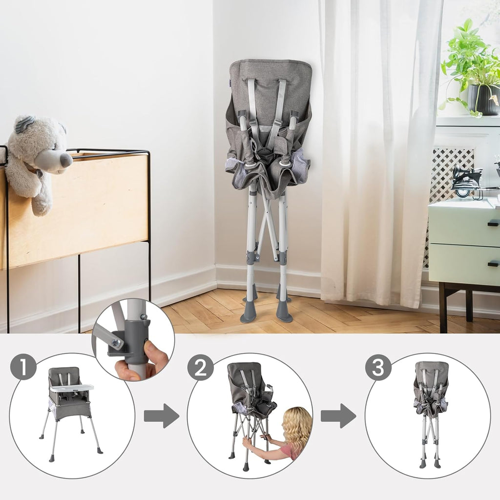 INFANS Baby High Chair, Foldable Portable Highchair for Babies and Toddlers with Travel Bag Adjustable Tray, 5 Point Harness, Compact Space Saver Infant Feeding Chair for Age 6-36 Months (Grey)