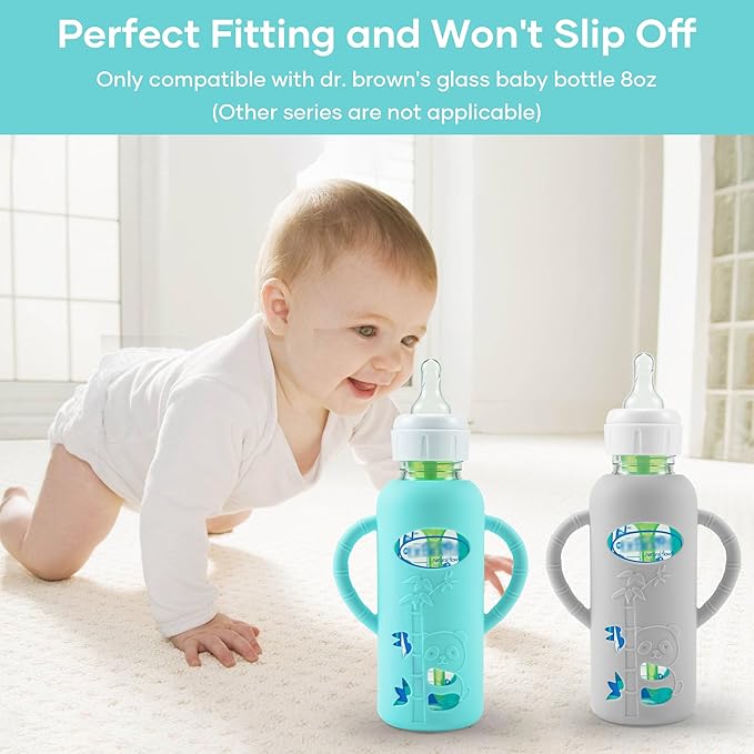 2 Pack Silicone Sleeves for Dr. Brown's Glass Baby Bottles, Anti Breakage Durable Baby Bottle Holder with Easy Grip Handles, Narrow Sleeve with a Cutout, Dishwasher/Freezer/Microwave Safe, 8 oz-BubblyBeeBaby
