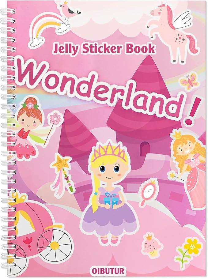 Jelly Sticker Books for Toddlers 2-4 Travel Essentials, Reusable Sticker Book + 8 Scenes + 2 Matching Games + 51 Large Princess Stickers for 1-3 Toddler Activities (Wonderland)-BubblyBeeBaby