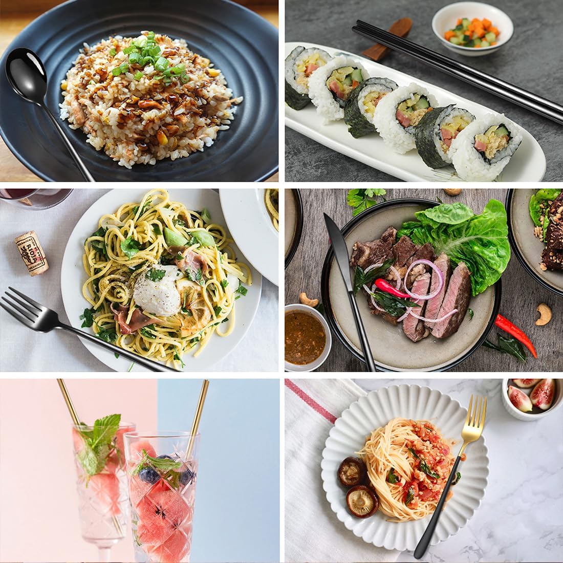 AARAINBOW 6 Pieces 18/8 Stainless Steel Flatware Set Portable Reusable Cutlery Set Travel Utensils Set Including Chopsticks Knife Fork Spoon Straws Cleaning Brush Dishwasher Safe (Black)