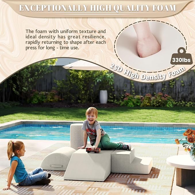 jela Foam Blocks 6Pcs Soft Play Equipment Waterproof Fabric, UV Resistant Toddler Climbing Toys Indoor& Outdoor Soft Play Climbing for Toddlers, Lightweight Climbing Blocks for Babies, Kids (Sand)-BubblyBeeBaby