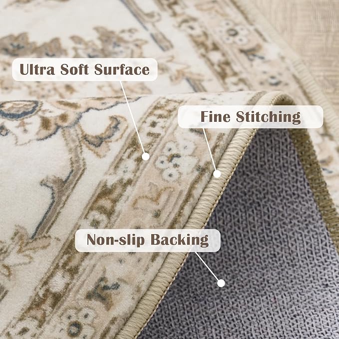 jinchan Round Rug 5ft Area Rug - Indoor Vintage Hallway Circle 5' Washable - Ultra-Thin Low Pile Soft Small Non Slip Distressed Floral Print for Living Room Dining Room Bedroom Entryway Taupe-BubblyBeeBaby