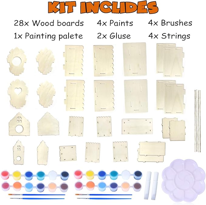 hapray 4 Pack Bird House Crafts for Kids Ages 5-8 8-12, Buildable DIY Birdhouse Kit for Children to Build, 3+ Summer Arts and Craft Projects with Paint, Boy Girl Gift Christmas-BubblyBeeBaby
