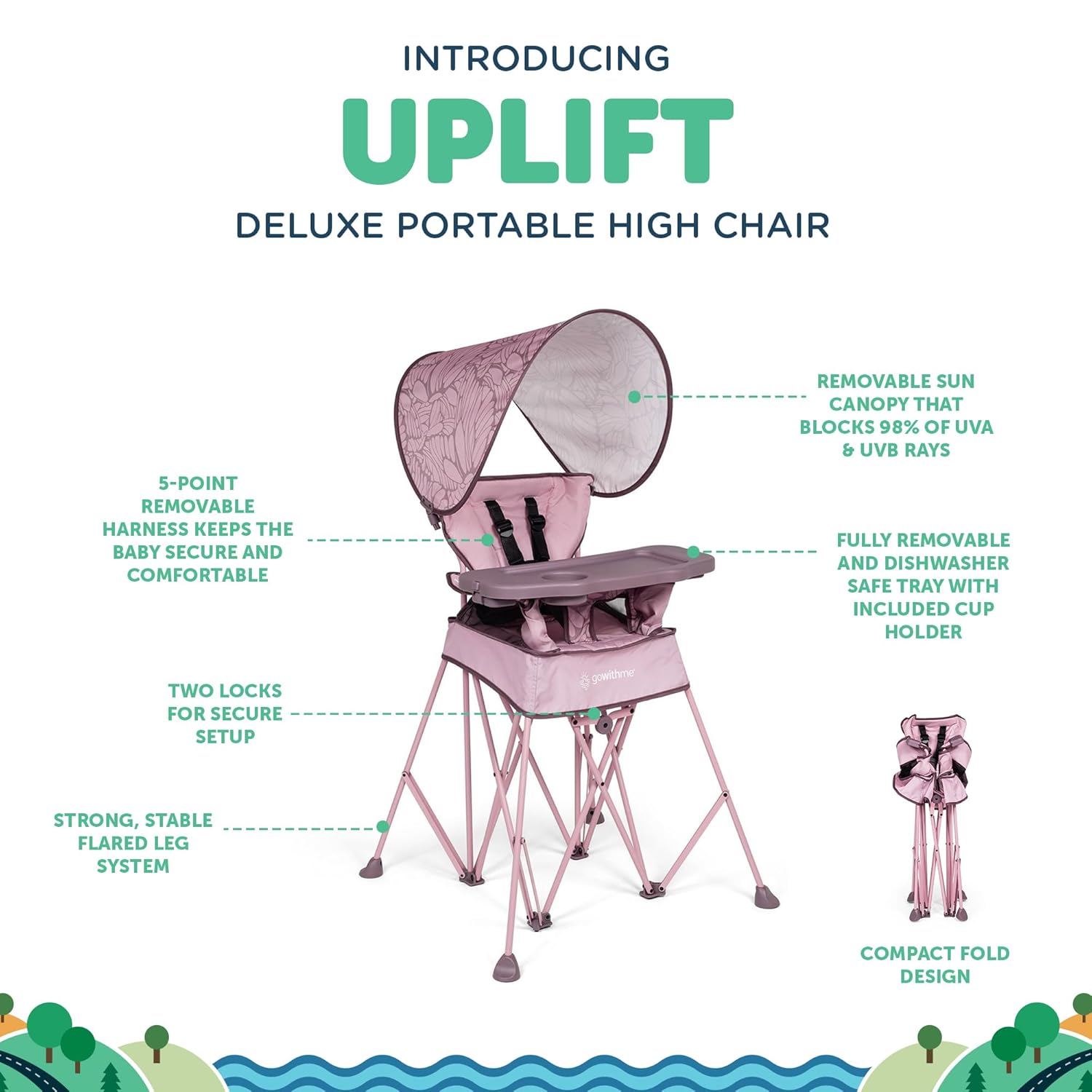 Baby Delight Go with Me Uplift Deluxe Portable High Chair | Travel High Chair | Sun Canopy | Indoor and Outdoor | Canyon Rose