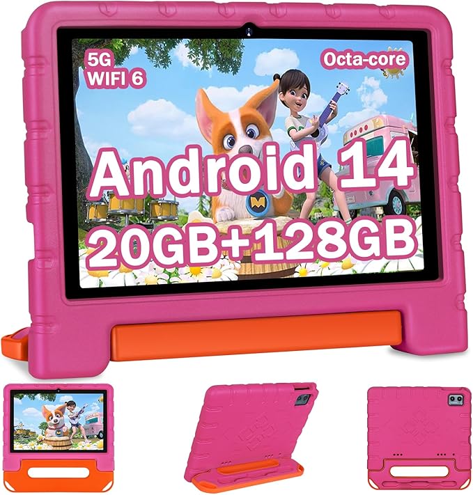 2025 Kids Tablet 10 inch Android 14 Tablets for Kid Octa-Core, 20GB+128GB (TF 1TB), Toddler Tablet with Shockproof Case, 2.4G+5G WiFi 6, Parental Control, Face Unlocked, Split Screen, BT5.0 (Rose Red)-BubblyBeeBaby