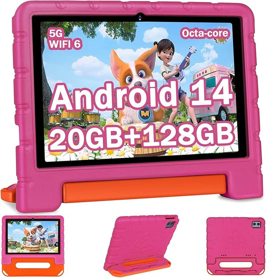 2025 Kids Tablet 10 inch Android 14 Tablets for Kid Octa-Core, 20GB+128GB (TF 1TB), Toddler Tablet with Shockproof Case, 2.4G+5G WiFi 6, Parental Control, Face Unlocked, Split Screen, BT5.0 (Rose Red)-BubblyBeeBaby
