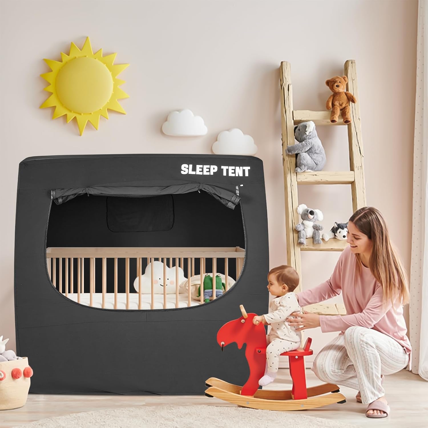 BORNA Crib Blackout Tent for Pack N Play, Brethable Baby Sleep Tent for Full Size Crib and Pack N Play, Baby Sleep Pod for Kids Blocks 70%+ Light