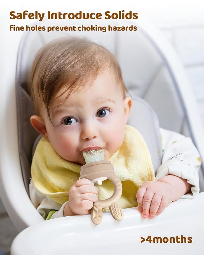 2 Packs Baby Fruit Feeder & Freezer Nibble Tray Combo, Push Pop Baby Food Feeder to Safely Introduce New Foods, Fresh & Frozen Food Silicone Feeder, 100% Food Grade, BPA Free (Caramel & Olive)-BubblyBeeBaby