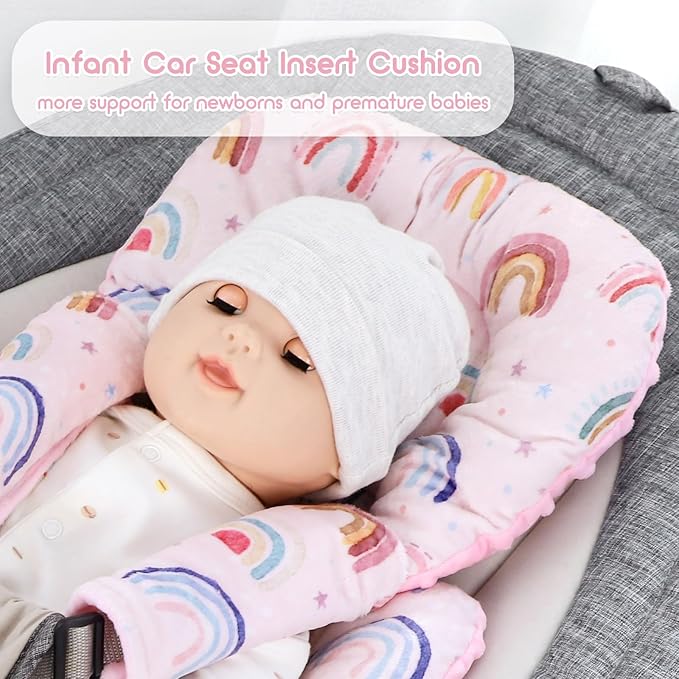 Infant Car Seat Insert, Car Seat Head Support Baby Girls Boys, Soft & Reversible Newborn Carseat Insert Cushion with 2 Strap Covers, for Stroller, Swing, Bouncer (Pink Rainbow)-BubblyBeeBaby
