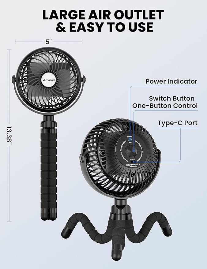 AMACOOL Baby Stroller Fan - 5000mAh Rechargeable, 3-Speed, Strong Yet Quiet, 360°Rotate Portable Clip on Fan for Travel, Car Seat, Crib, Bike, Treadmill, Beach Vacation Essentials-BubblyBeeBaby