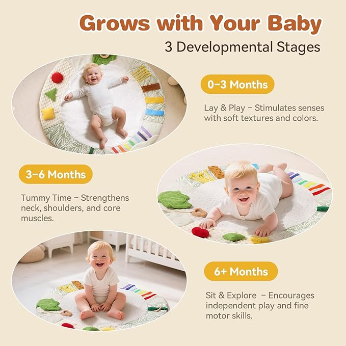 Montessori Baby Play Mat for Early Learning, Tummy Time Playmat, Activity Mat with 5 Development Zones, for Motor Skills & Sensory Development, Baby Essentials Gift-BubblyBeeBaby