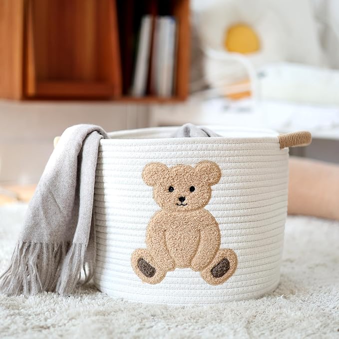 INough Cotton Rope Basket Toy Storage Baskets for kids Laundry Hamper, Gift Basket Empty Baby Shower Baskets with Handles, Cute Bins Blanket Stuffed Animal Storage for Nursery, Living Room Decor, Bear-BubblyBeeBaby