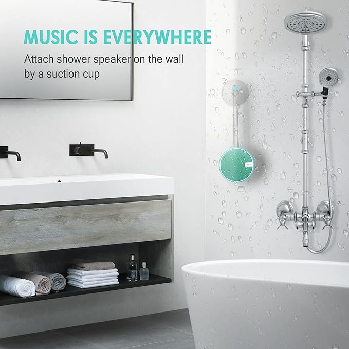 INSMY C12 IPX7 Waterproof Shower Bluetooth Speaker, Portable Small Speaker, Speakers Bluetooth Wireless Loud Clear Sound Support TF Card Suction Cup for Outdoor Kayak Canoe Beach Gift (Mint)-BubblyBeeBaby