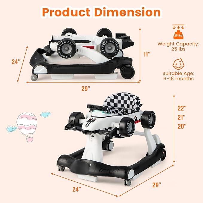 HONEY JOY 4-in-1 Baby Walker, Activity Push Walker w/3 Adjustable Heights, Smooth Wheels w/Adjustable Speed, Padded Seat, Music & Light, Foldable Car Walker for Baby Boys Girls Age 6 Months+ (White)-BubblyBeeBaby