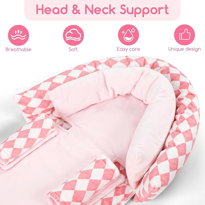 Baby Car Seat Head Support for Newborn, GFU 2 in 1 Infant Car Seat Head Body Support with Strap Pads, Soft Stroller Cushion Pillow Insert for Girls, Fits for Stroller, Swing, Pink-BubblyBeeBaby
