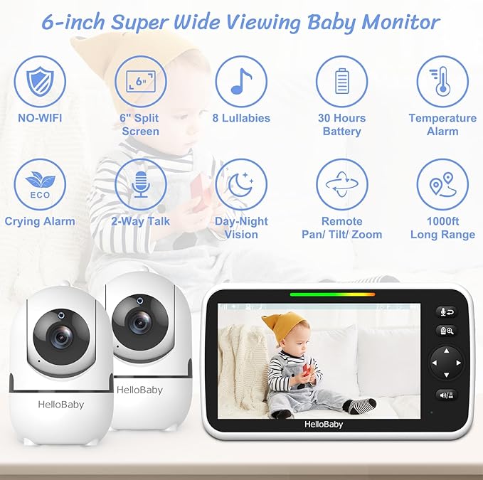 HelloBaby Baby Monitor 2 Cameras, 6'' World First IPS Split-Screen 30H Battery, No WiFi 2-Way Audio, Video, VOX, Double Cameras Pan-Tilt-Zoom, Night Vision, 8 Lullabies, 1000ft for Twins-BubblyBeeBaby