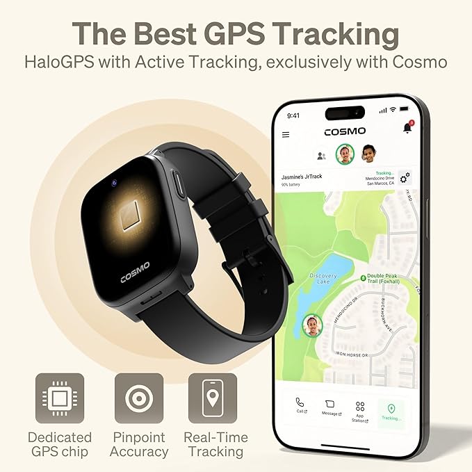 JrTrack 5 Kids Smart Watch by Cosmo | Best Kid-Safe Phone Watch | Precision Real-Time GPS Tracking | Call, Text, Activity, School Settings | Spotify Music | Parental Controls | SOS & Safety Alerts-BubblyBeeBaby