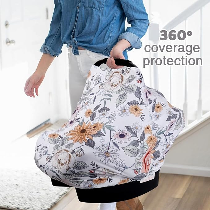 Rquite All-in-1 Car Seat Cover Baby, Carseat Covers for Girl Boy, Stretchy Soft Infant Car Seat Cover, Multi-use Baby Carrier Cover, Car Seat Canopy, Stroller Sun Shade, Nursing Breastfeeding Cover-BubblyBeeBaby