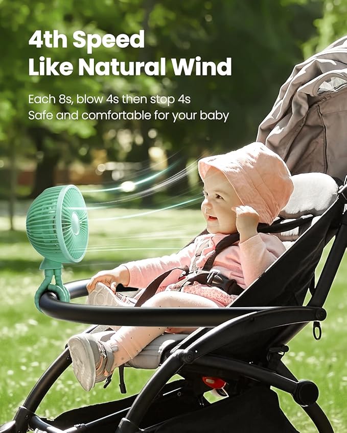 Gaiatop Oscillating Baby Stroller Fan with LED Night Light, 4 Speeds Cooling Rechargeable 360° Rotate Clip On, Battery Operated Small Portable Fans for Car Seat Crib Treadmill Travel-BubblyBeeBaby